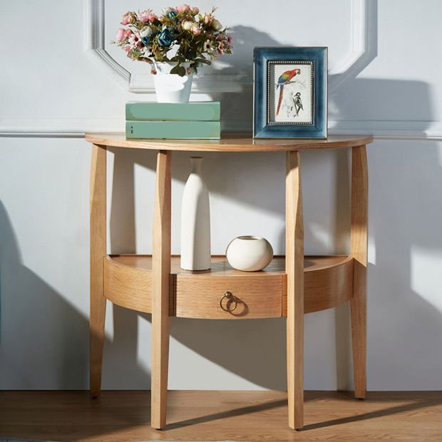 Mid-Century Modern Half Moon Wood 4 Legs Console Table in Brown