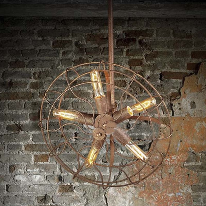 Fan Shape Farmhouse Ceiling Light with Wire Frame Rustic Wrought Iron 5 Bulbs Dark Rust Chandelier Lamp