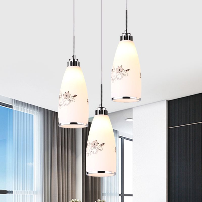 3-Bulb Cone Multiple Hanging Lamp Minimalism Black/Yellow/Blue Printing Glass Pendulum Lamp with Linear/Round Canopy