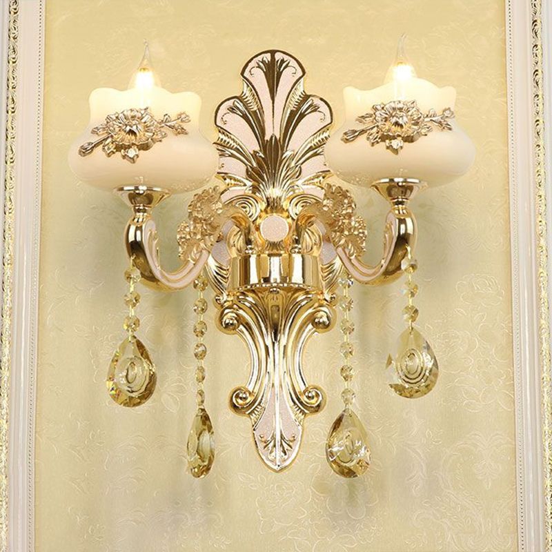 Classic Flower Wall Lamp Faux Jade Frosted Glass Wall Sconce with K9 Crystal Drops in Silver