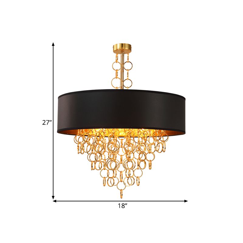 Lampaggio in tessuto cilindro illuminazione vintage 3 luci soggiorno illuminazione a sospensione in nero con anello dorato, largo 18 "/23,5"