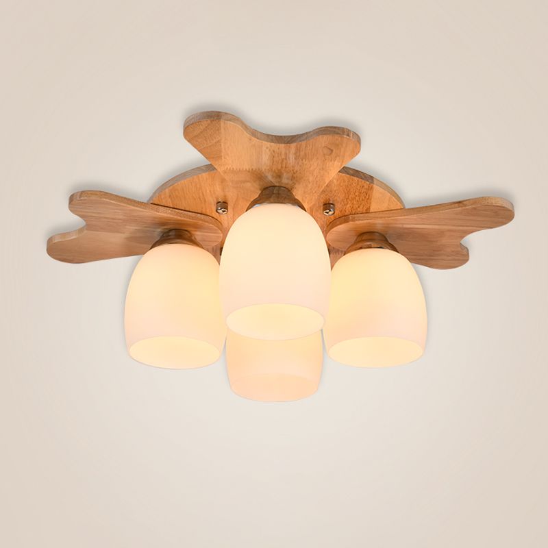 Cream Glass Bell Flush Ceiling Light Nordic 1/5/7-Head Semi Mount Lighting with Antler Top in Wood