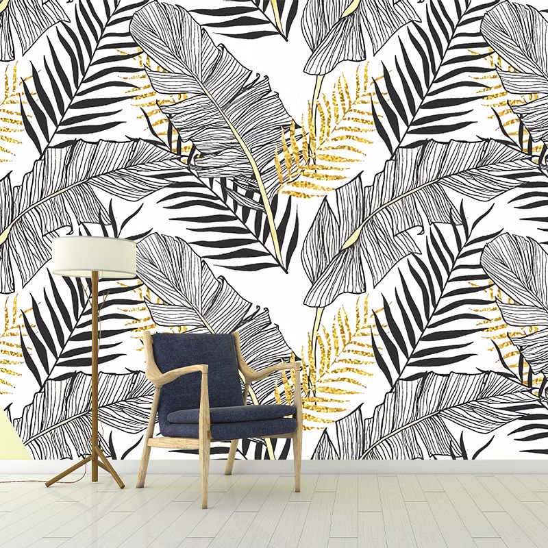 Large Illustration Banana Leaves Mural Wallpaper for Accent Wall in Grey, Personalized Size Available