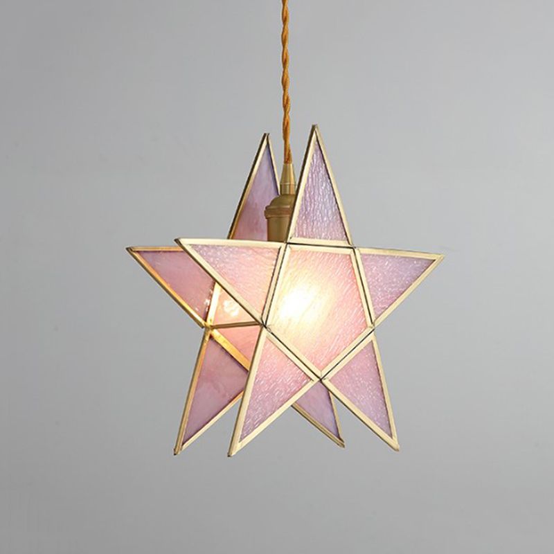 Pink Water Glass Pentacle Pendant Lamp Nordic Style 1-Light Brass Finish Ceiling Lighting Fixture