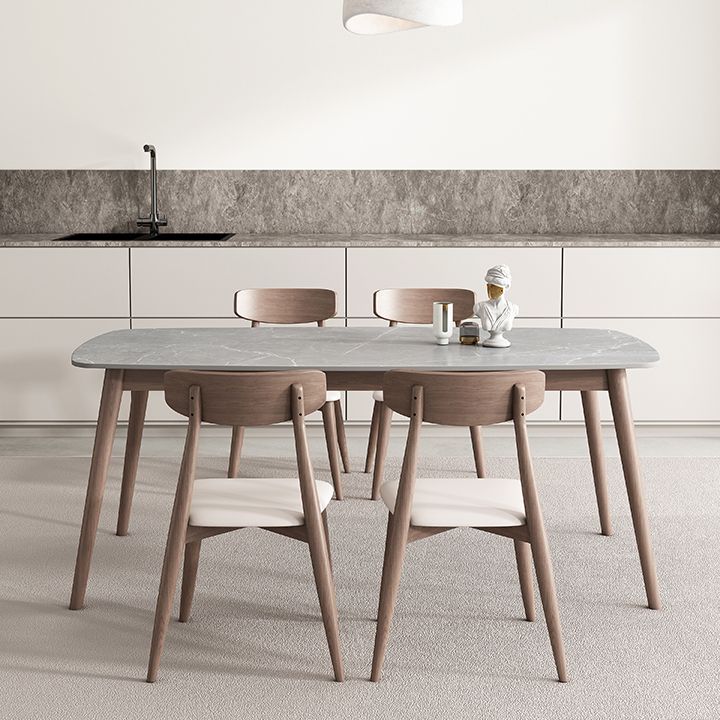 Mid-century Dining Table Stone Top Dining Table with Solid Wood Base