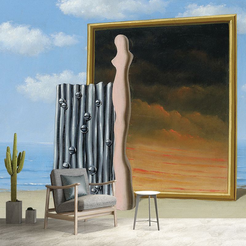 Gelb-blaue surrealistische Wandtapete in Originalgröße, Komposition an einem Meeresufer, Gemälde, Wanddekoration für Zuhause
