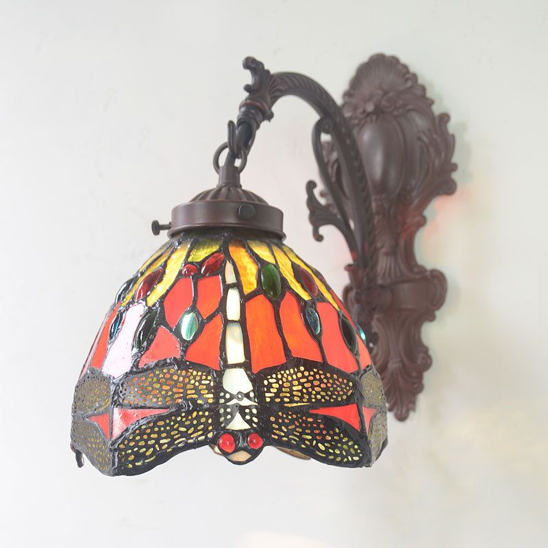 Victorian Dome Sconce Light Fixture 1 Bulb Red Cut Glass Wall Mount Lamp with Dragonfly Pattern