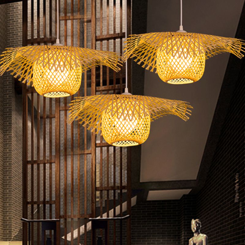 Lámpara de techo acampanado Bambú asiático 1 cabezal de madera colgante colgante para restaurante, 18 "/29.5" de ancho