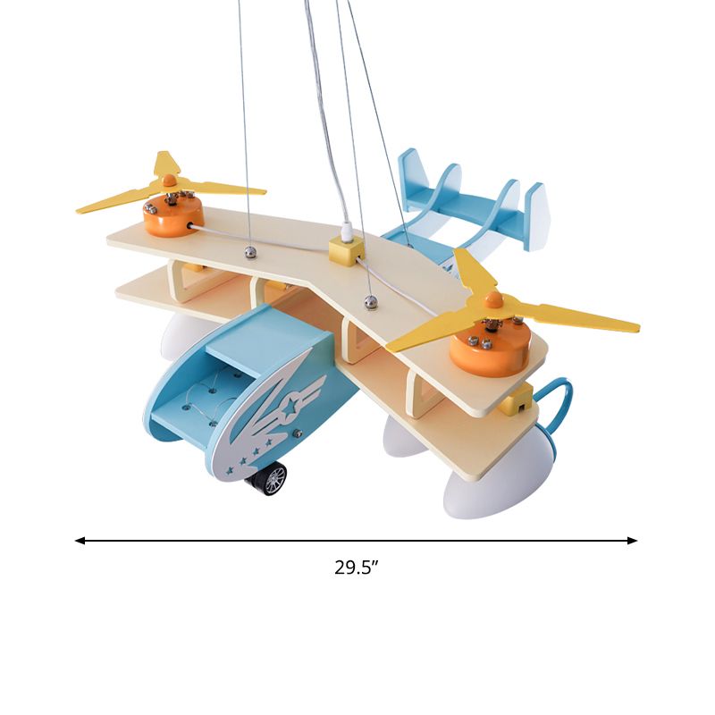 Blue Fighter Plane Hanging Lamp Fixture Wooden Hanging Chandelier for Child Bedroom