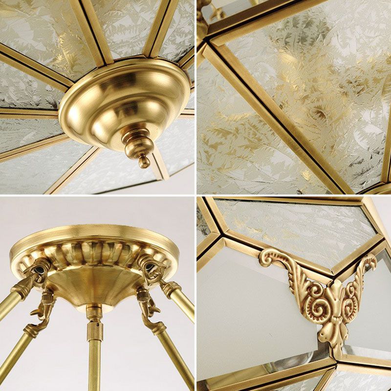 Flush Mounted Light Antique Dining Room Ceiling Lamp with Polygon Semi-Opaque Shade in Brass