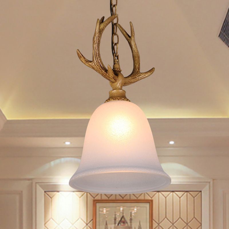 1 Light Bell Ceiling Pendant Light Rustic White Glass Hanging Lamp with Elk Design