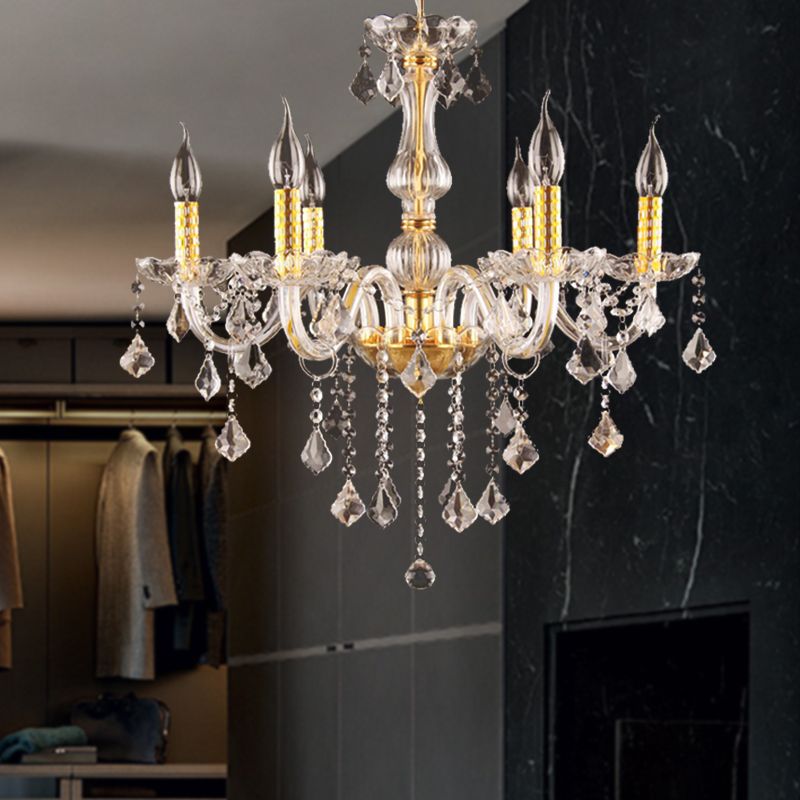 Candle Crystal Orb Chandelier Light Traditional 6 Heads Dining Room Hanging Ceiling Light in Gold