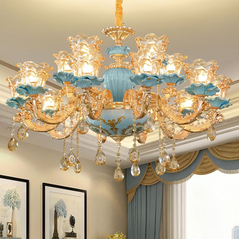European Style Chandelier Metal Flower Shape Hanging Light with Crystal for Bedroom