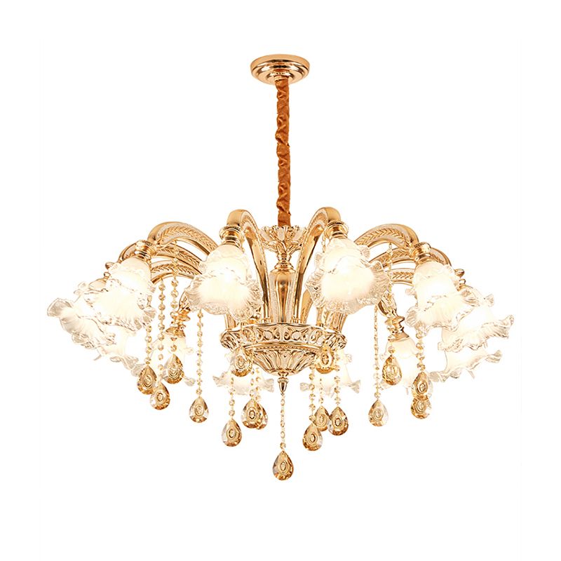 Ribbed Glass Ruffled Flower Suspension Light Retro Living Room Chandelier Light with Crystal Draping in Gold