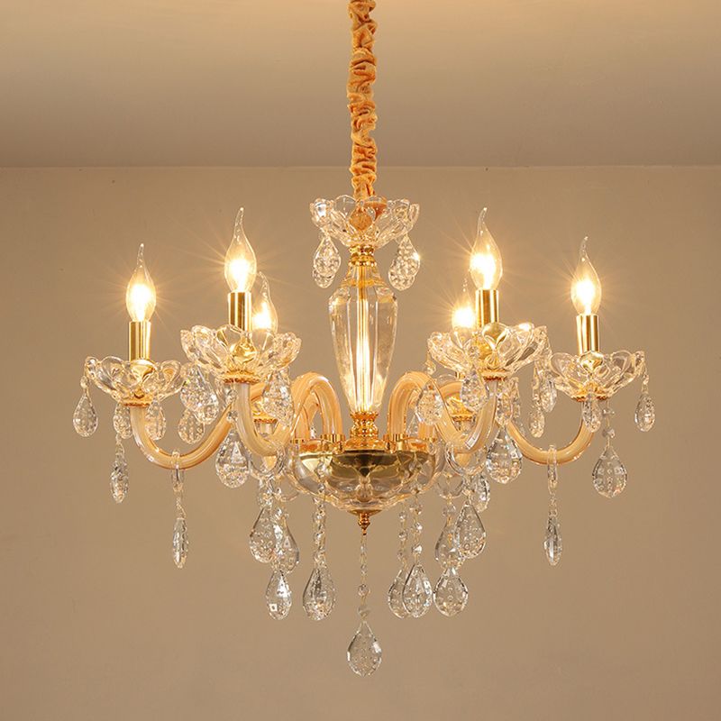 Beige Candle Style Hanging Ceiling Light Modern Crystal Drop 6/10 Heads Living Room Chandelier Light Fixture