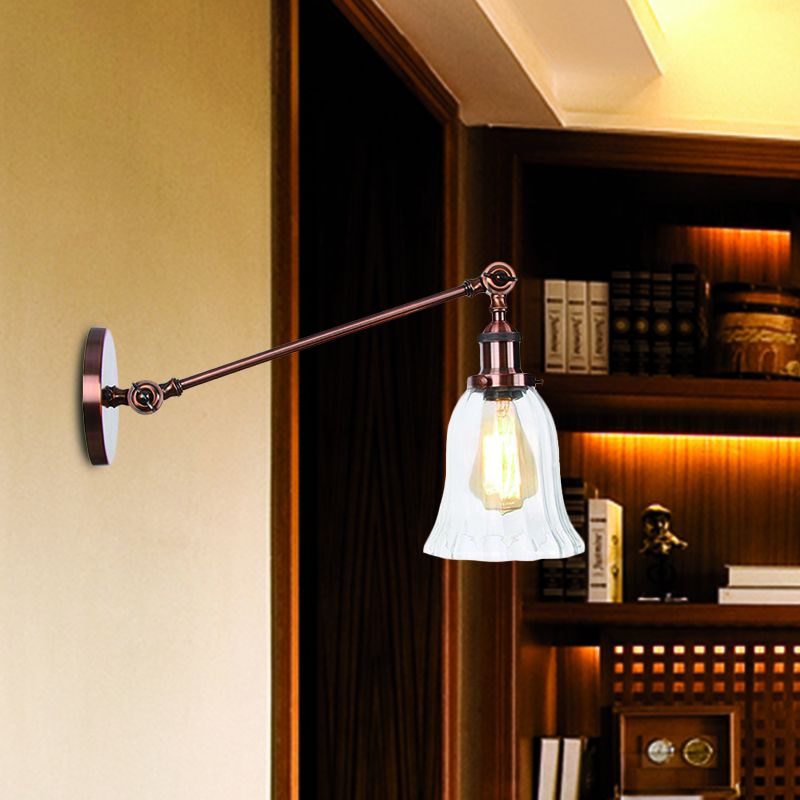 Black/Bronze/Brass 1 Light Wall Lighting Fixture Vintage Clear Glass Bell Sconce with Arm, 8"/12" Long