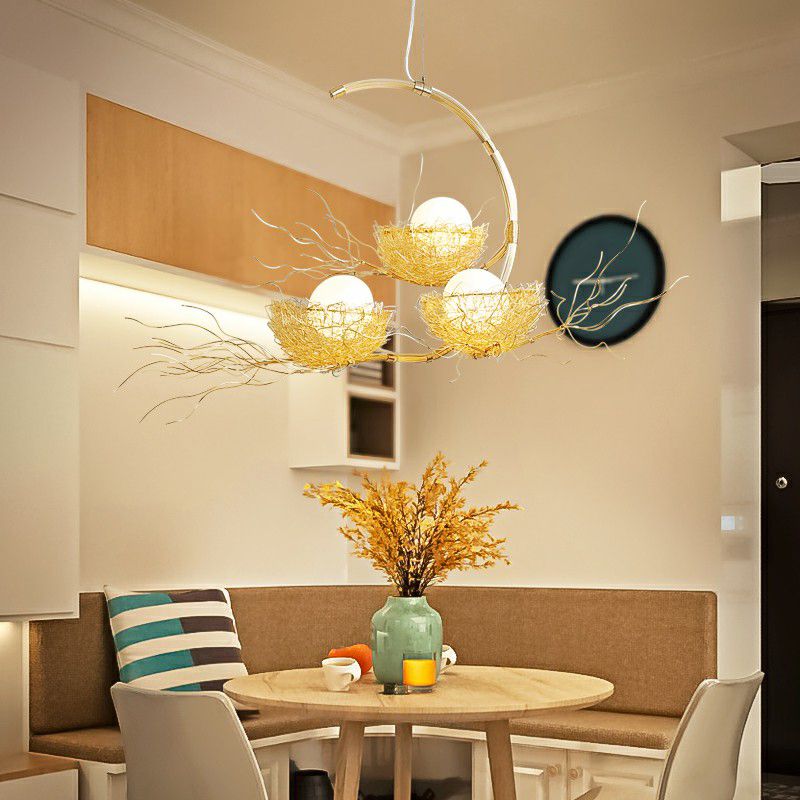 Artistry Nest Shaped Pendant Light Aluminum 3 Heads Dining Room Chandelier Light Fixture in Beige