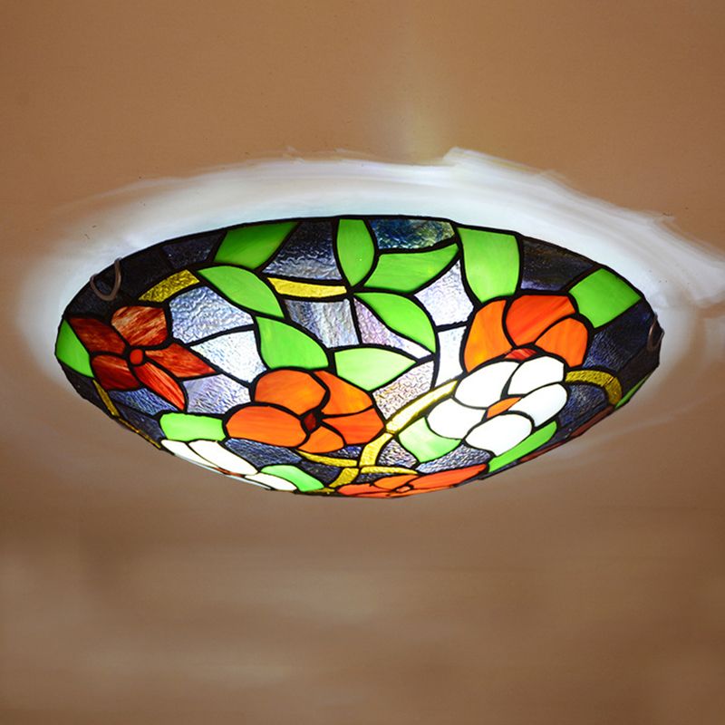 Bedroom Ceiling Fixture Tiffany Black Flush-Mount Light with Round Stained Glass Shade