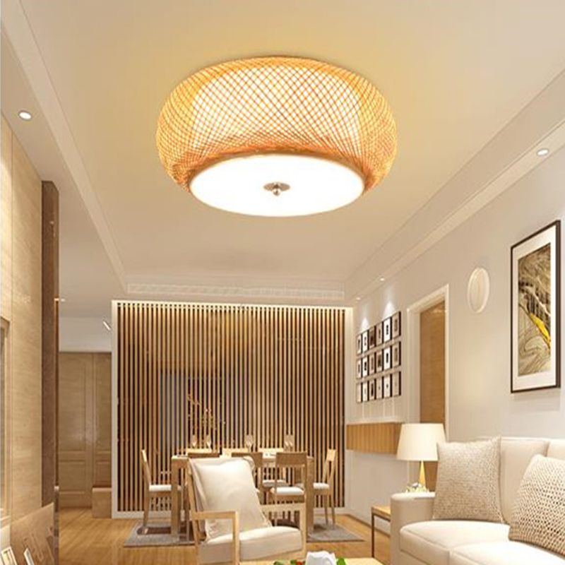 Lámpara de techo de madera de estilo asiático, luz de montaje empotrado de bambú tejida a mano, para salón de té