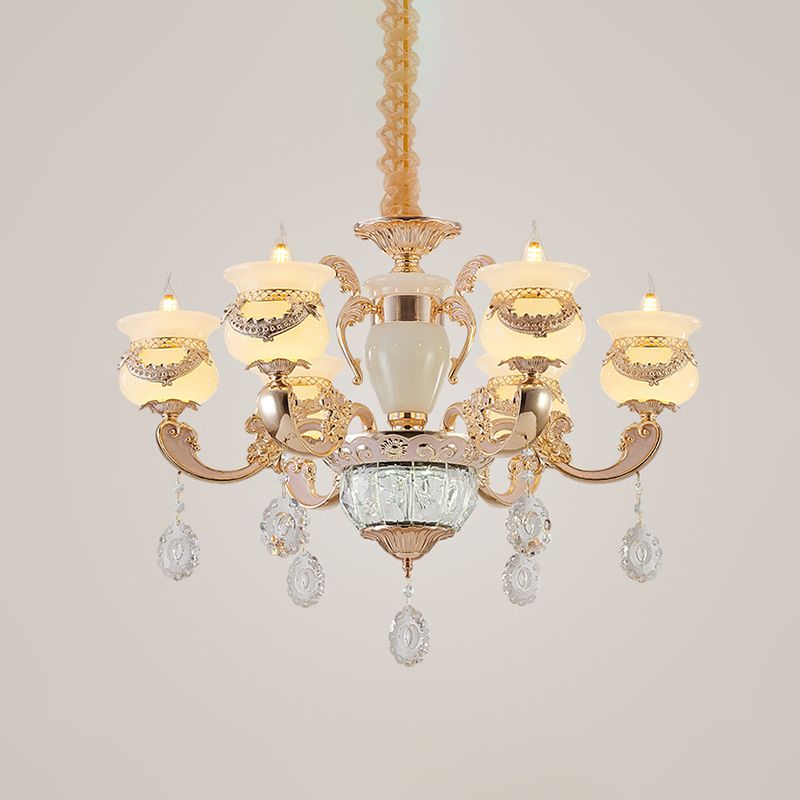 Jade Gold Chandelier Lighting Candle 6 Lights Traditional Ceiling Pendant Light with Crystal Drop