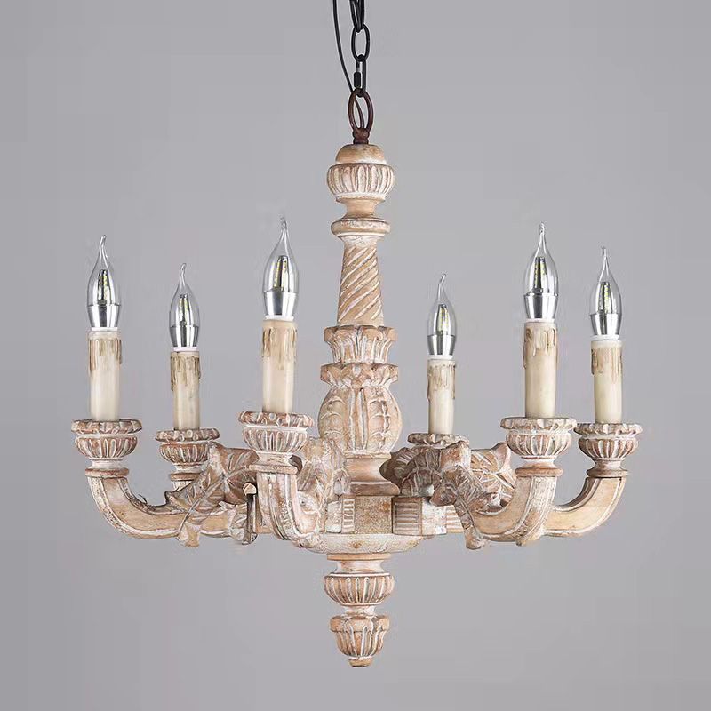6-Light Faux Candle Chandelier Light Fixture Traditional Distressed White Wooden Suspension Lamp
