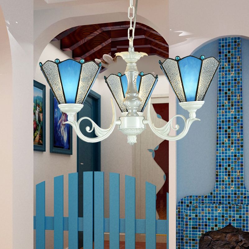Conical Blue Frosted Glass Chandelier Lamp Baroque 3/9/11 Lights Cream Hanging Pendant Light for Living Room