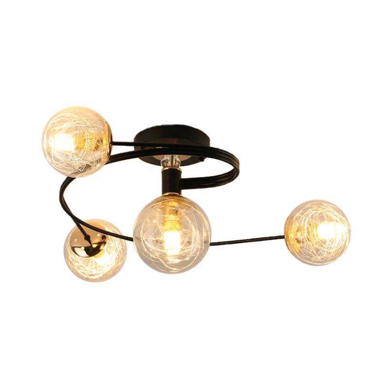 Orb Shade Ceiling Light Fixture Simplicity Transparent Glass 4 Bulbs Black Semi Flush Mount