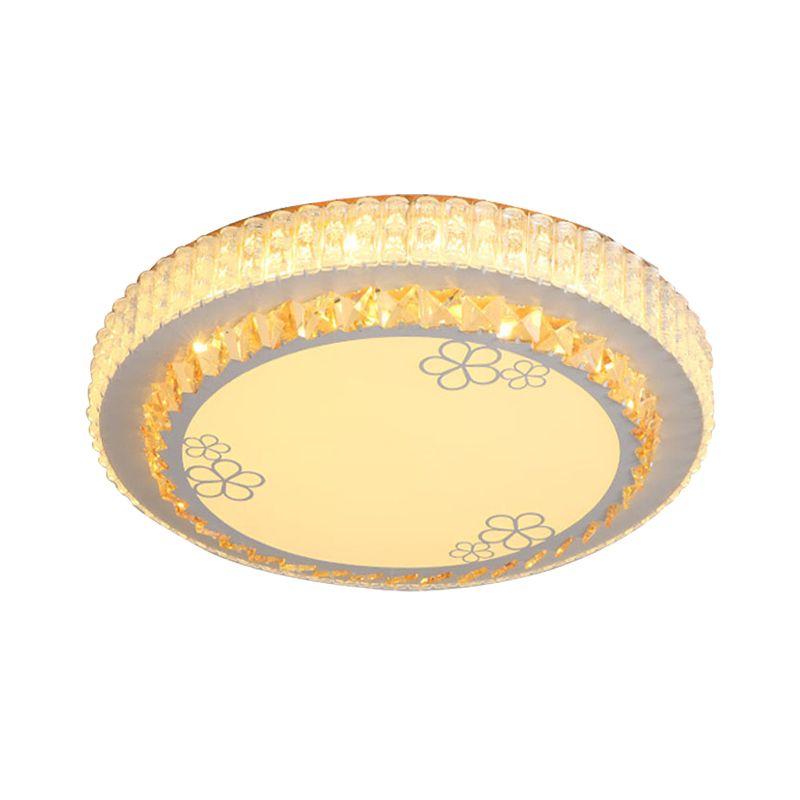 White Round Flush Mount Lamp Simple Crystal LED Bedroom Flush Light with Flower Pattern