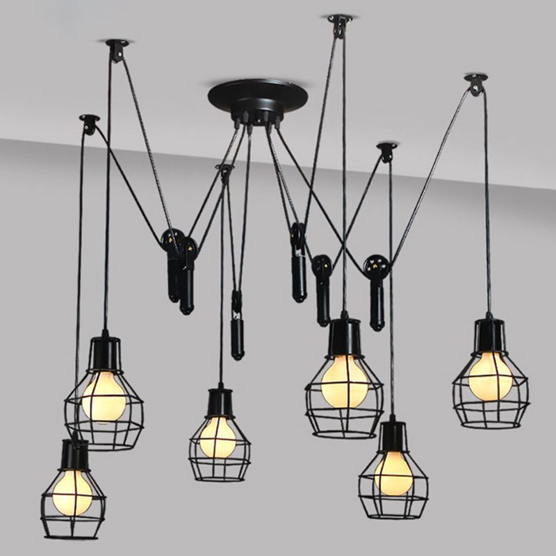 6 lumières Swag Pendante Éclairage industriel Iron noir Multiple Hanging Light avec poulie