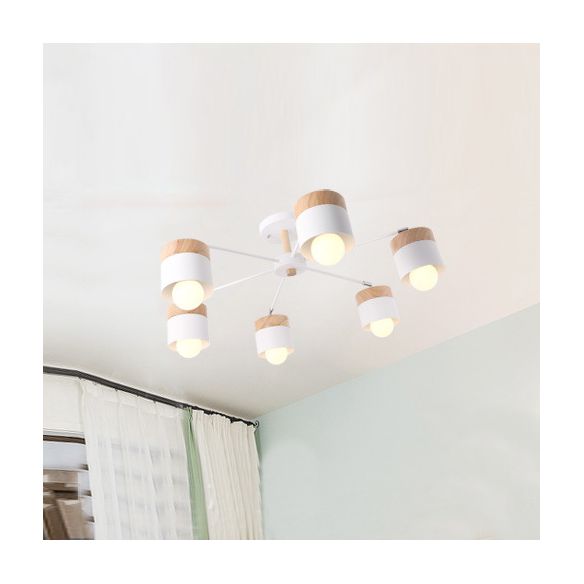 White Finish 6 Bulbs Ceiling Mount Chandelier Nordic Wood and Metal Cylinder Semi Flush Pendant Light