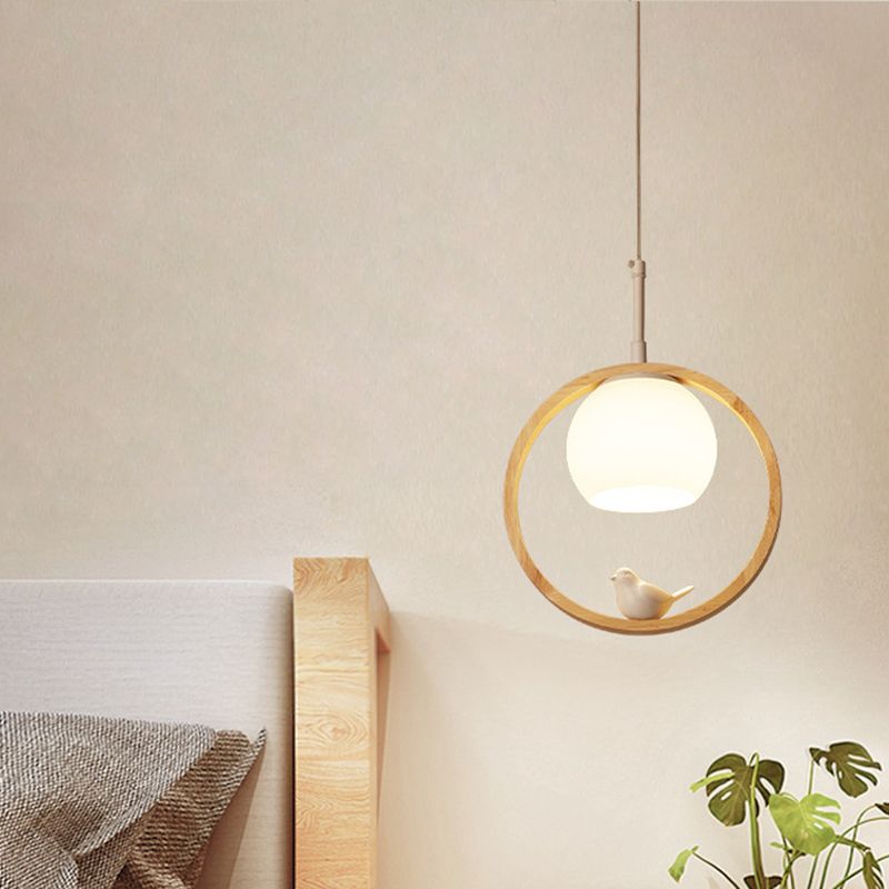 1 Luz de colgante ligero Lámpara de colgante de madera natural redonda contemporánea con pájaro pequeño