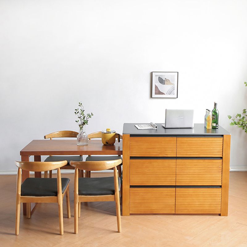 Black Stone Modern Kitchen Island Table with Solid Wood Base and Drawers