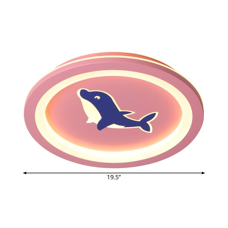 Simplicity LED Flush Mount Lamp with Acrylic Shade Pink Round Dolphin Pattern Flush Ceiling Light for Living Room, Warm/White Light