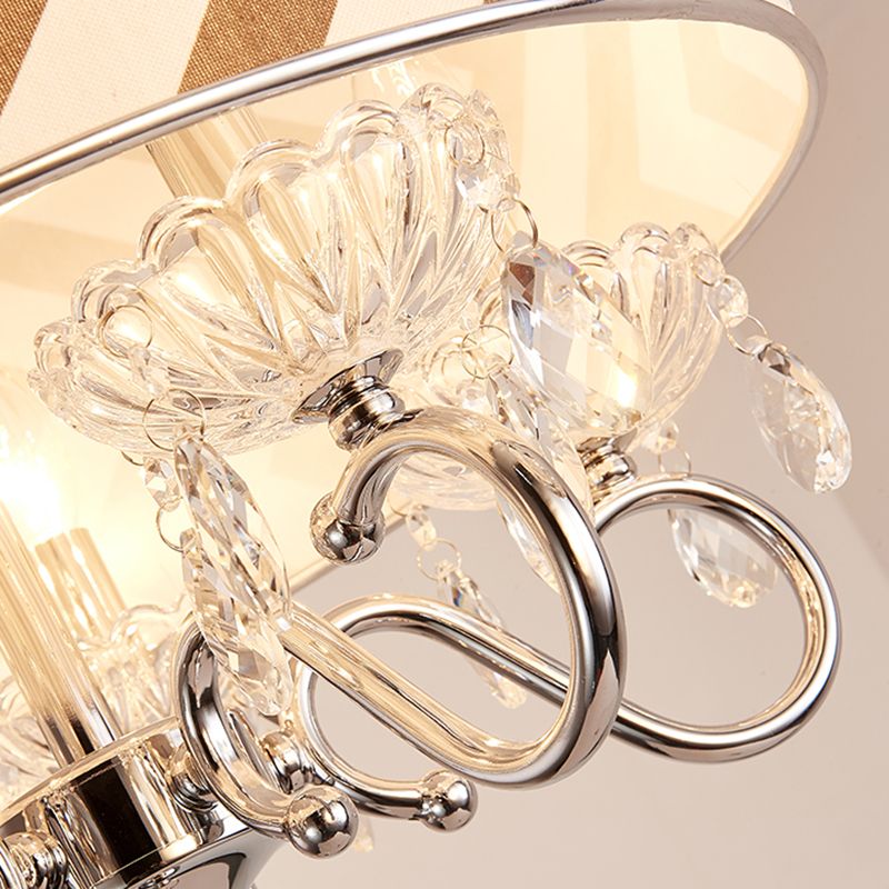 Drum Beige Fabric Chandelier Lamp Traditional 5 Heads Bedroom Hanging Light Fixture with Crystal Drop