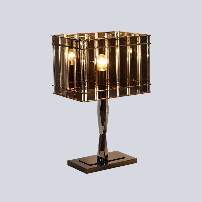 Lampada da comodino modernista rettangolare a 1 lampadina in cristallo fumé con piedistallo in metallo