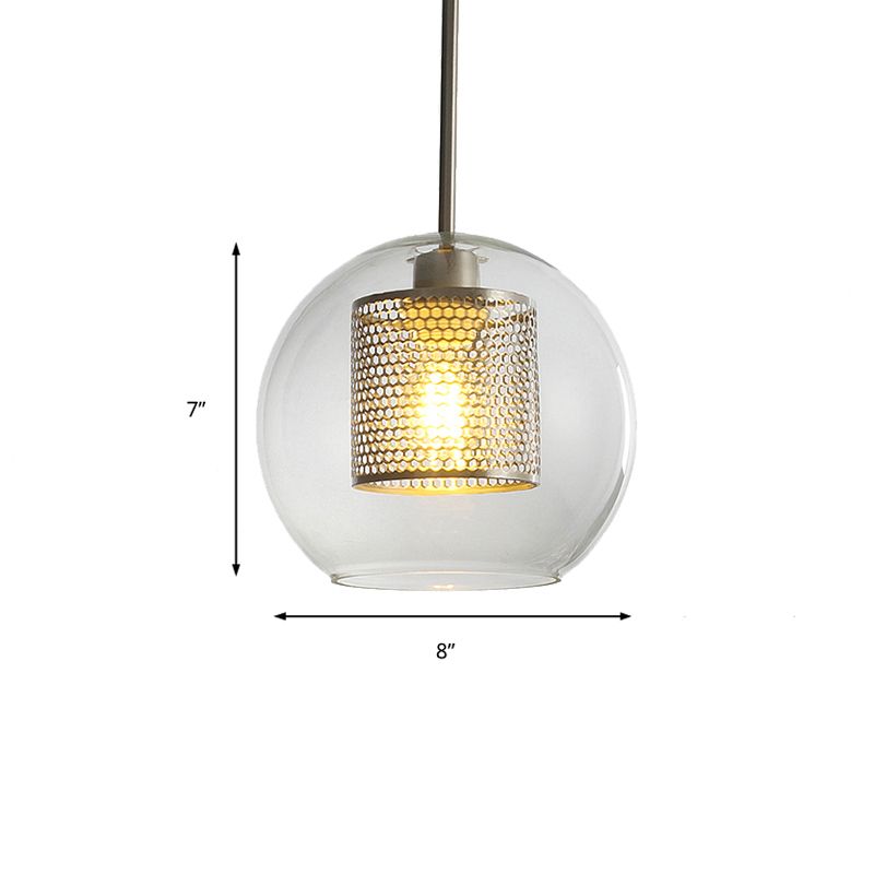 Simple Orb Shade Pendant Light with Cylinder Mesh Screen 1 Light Glass Hanging Lamp for Hallway