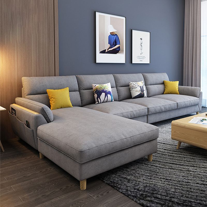 Flared Arm Linen Sectional Sofa Scandinavian Sectional with Wood Legs