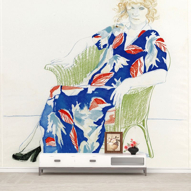 Hockney Woman Portrait Mural Decal in Red-Blue Artistry Wall Decoration for Bedroom