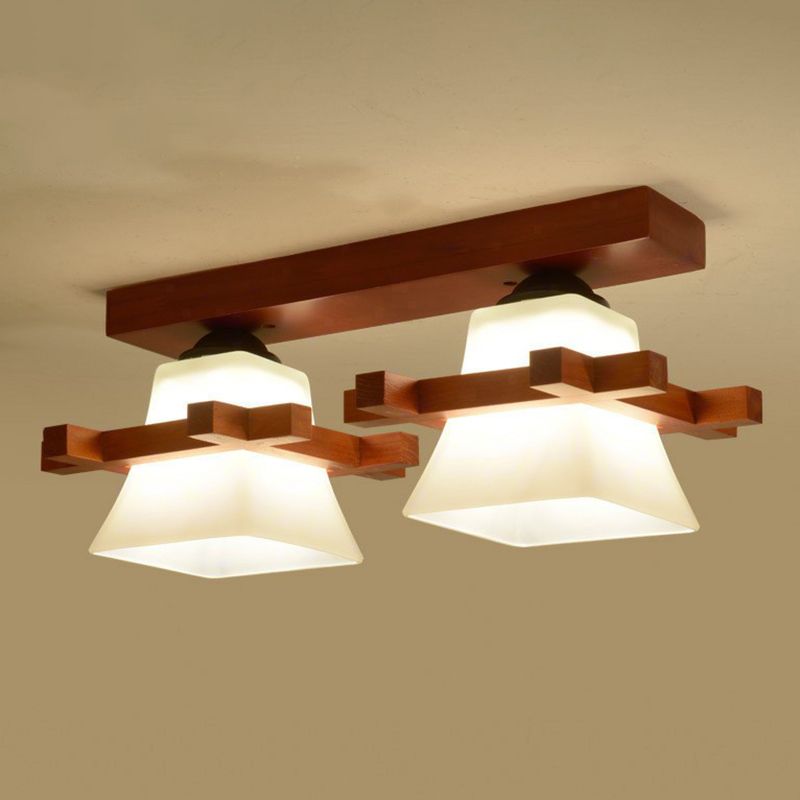 Pagoda Shaped Flush Ceiling Light Nordic Frosted White Glass Coffee Semi Mount Lighting with Wooden Frame