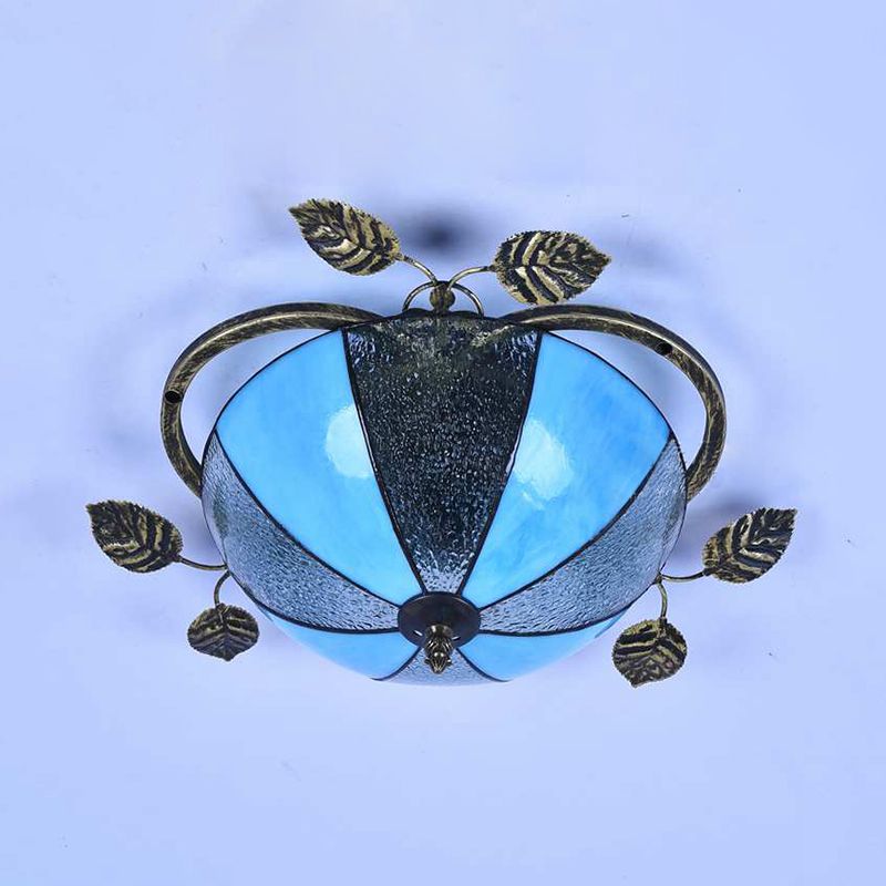 Retro Style Bowl-Shaped Ceiling Light Fixture Stained Glass 3 Bulbs Flushmount Ceiling Light in White/Blue/Clear/Blue-Clear/Green-White/Dark Blue
