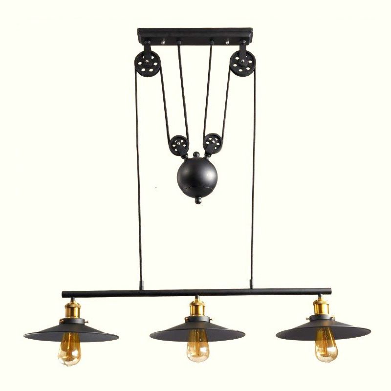3 Lights Pulley Pendant Industrial Metal Black Hanging Island Light with Flared Shade
