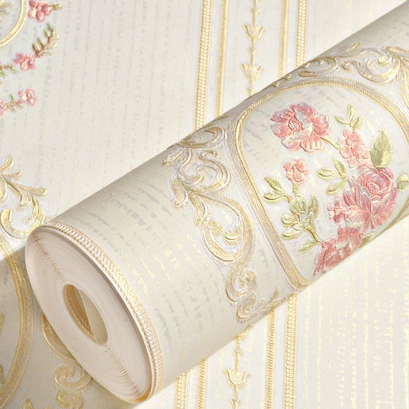 Unpasted Wallpaper Roll Rustic Non-Woven Wall Decor with Stripe and Peony Pattern, 57.1-sq ft