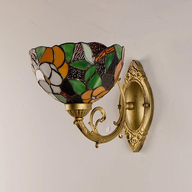 Grape/Blossom Vanity Lighting Fixture 1 Light Stained Art Glass Victorian Sconce Light in Brass for Bathroom