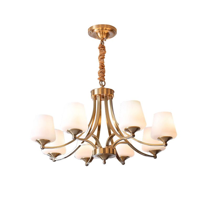 Traditional Tapered Hanging Ceiling Light Opaline Glass Chandelier Lighting in Brass