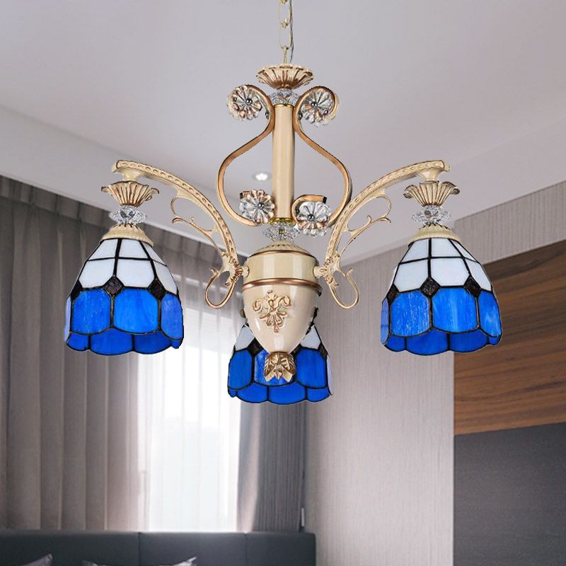Baroque Dome Shape Chandelier Light 5/9/11 Lights Cut Glass Pendant Lighting Fixture in Blue, 23.5"/31.5"/35.5" Wide