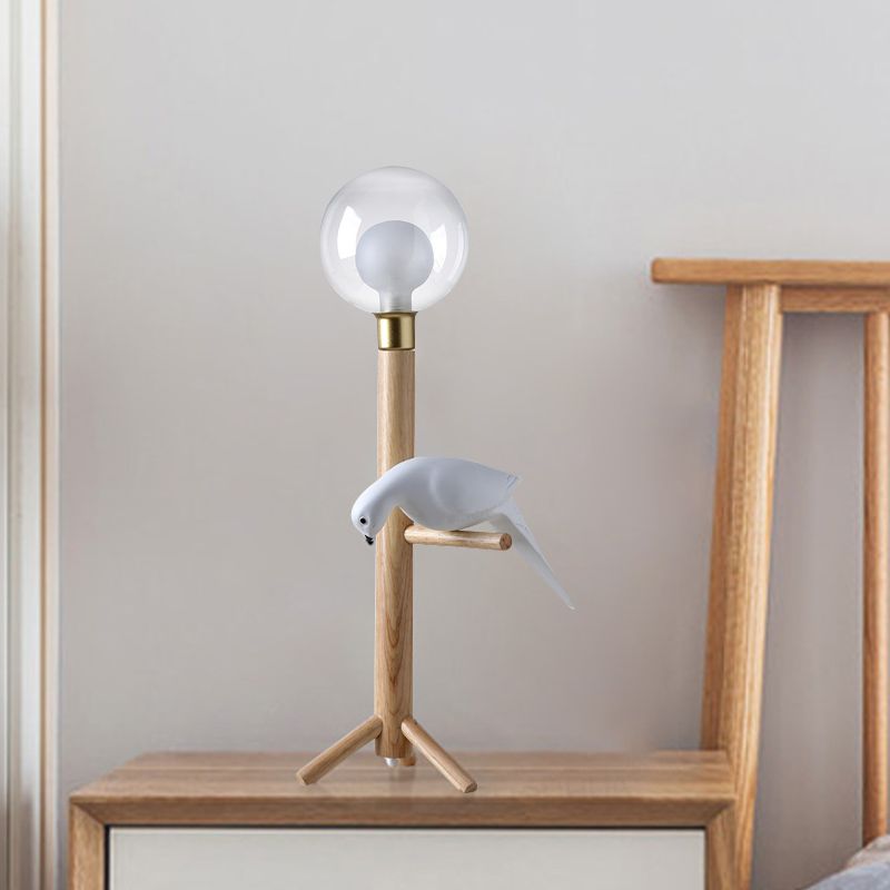 Esfera Noche de cama Lámpara de mesa de madera modernista de vidrio transparente con deco de pájaros