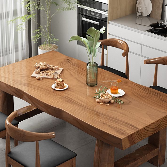 Modern massief houten rechthoek eettafel bruine keuken eettafel met dubbele voetstukbases