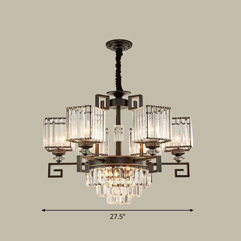 Vintage Square Chandelier Light Prismatic Crystal Ceiling Suspension Lamp in Black