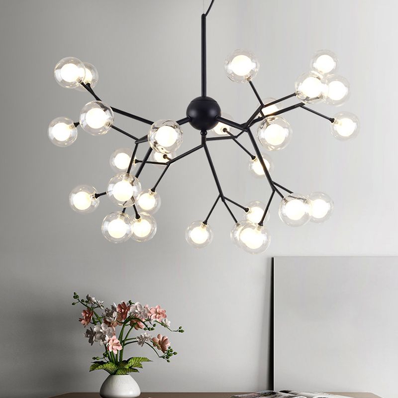 Clear and Frosted Glass Firefly Chandelier Modernist 36-Light Black Hanging Pendant Light for Parlor