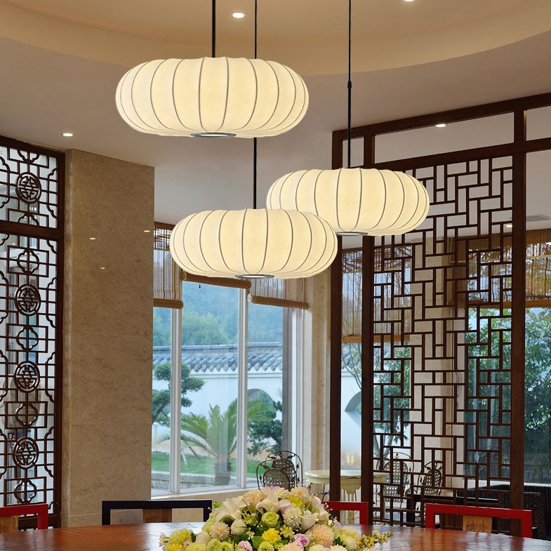 Lámpara colgante en forma de calabaza blanca Simplicidad de techo de seda de 1 luces para salón de té